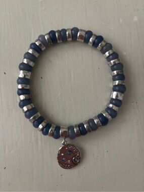 Chico's Blue and Silver Beaded Stretch Bracelet with Charm